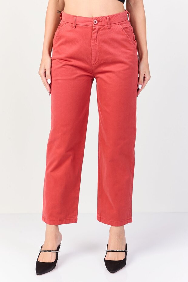 Women Cropped Fit Plain Straight Leg Pants, Rust