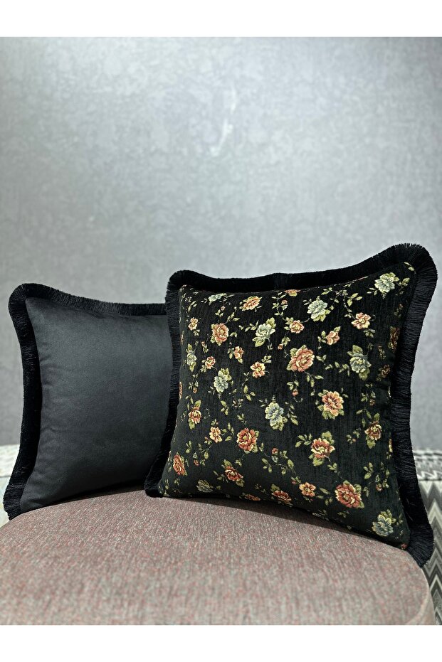 Woven Tapestry Linen Black Tasseled Double Combination 43X43 Kirlent Kilifi