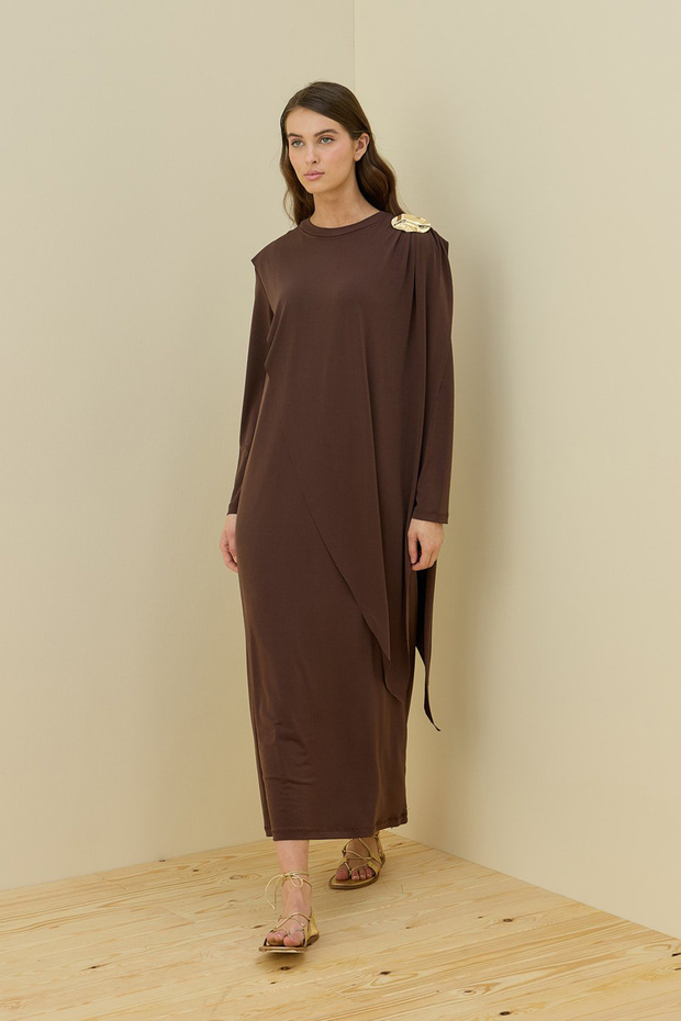 Removable Brooch Detail Belted Doha Dress 1654 Brown
