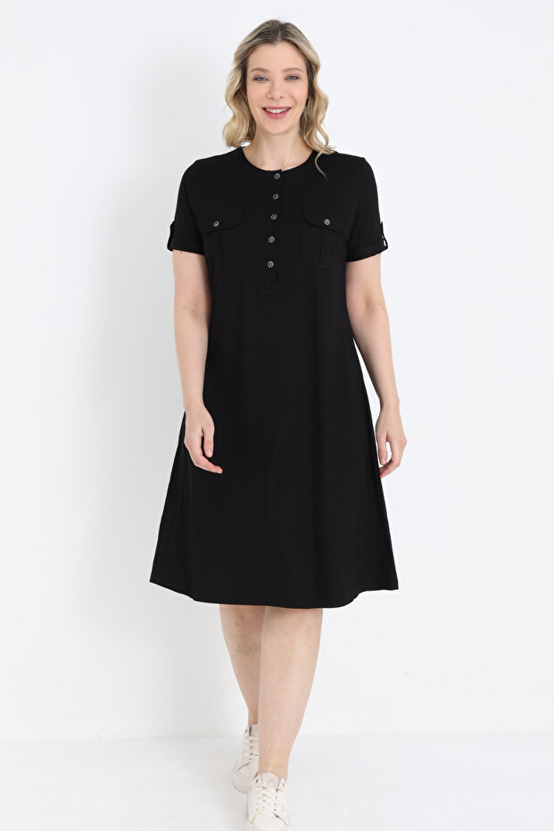Black Plus Size Buttoned Viscose Lycra Dress with Pockets