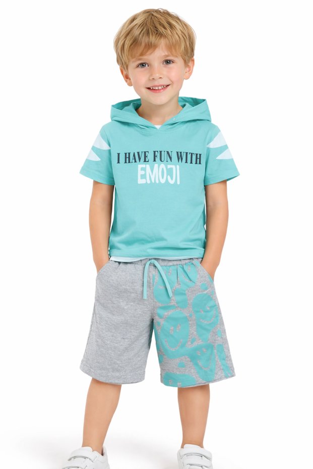 Boy's Emoji Written Smile Patterned Hooded Light Blue Color Shorts Set