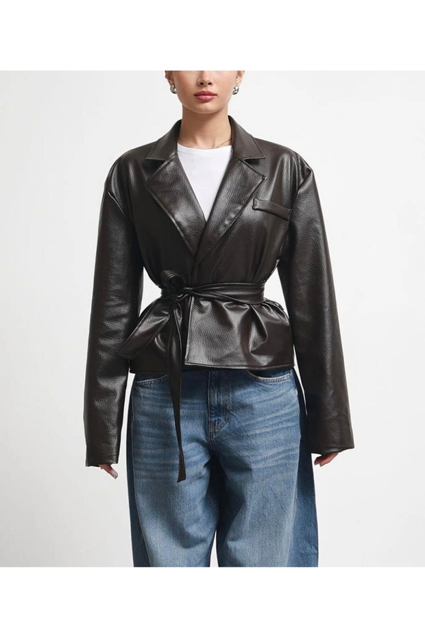 New Season Double-Breasted Belted Buttoned Leather Jacket