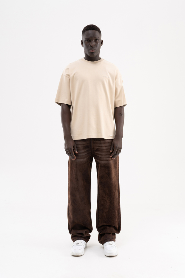 Men's Suede Finish Baggy Jean Trousers Brown