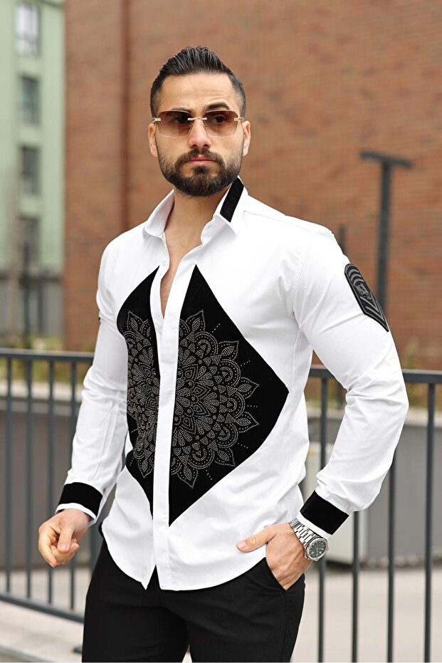 Luxury Slim Fit White Shirt - Front Panel Stone Embroidered Mandala Pattern