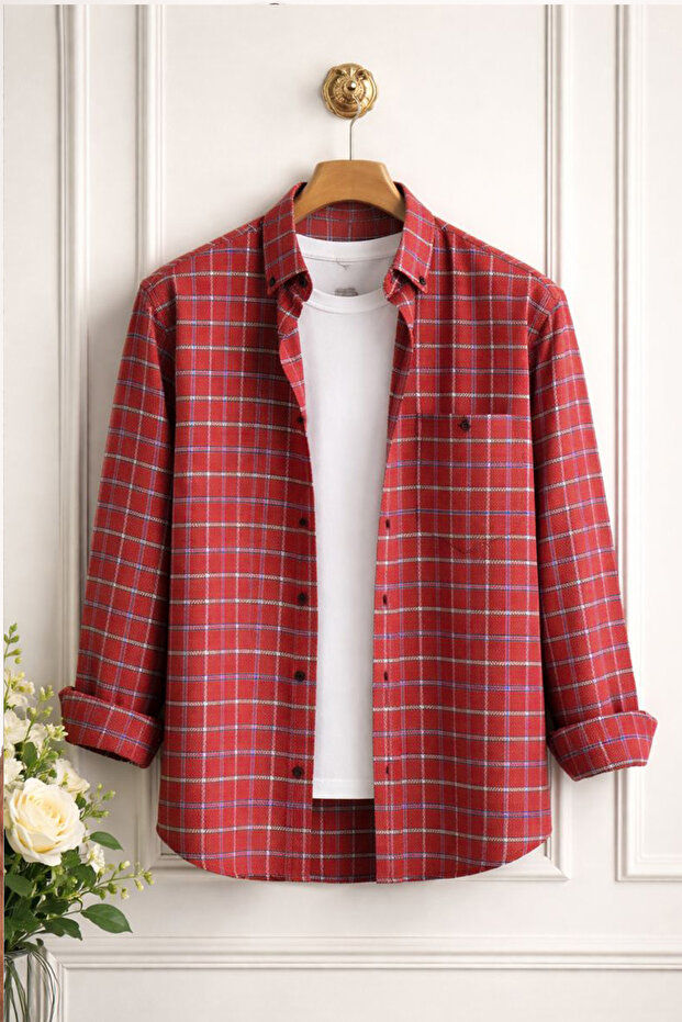 Men's Cardinal Red Winter Shirt Woolen Wide Cut Collar with Pockets and Buttons
