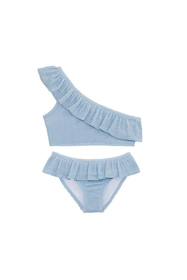 Uv Protection Ruffled Textured One Shoulder Girls' Bikini Set