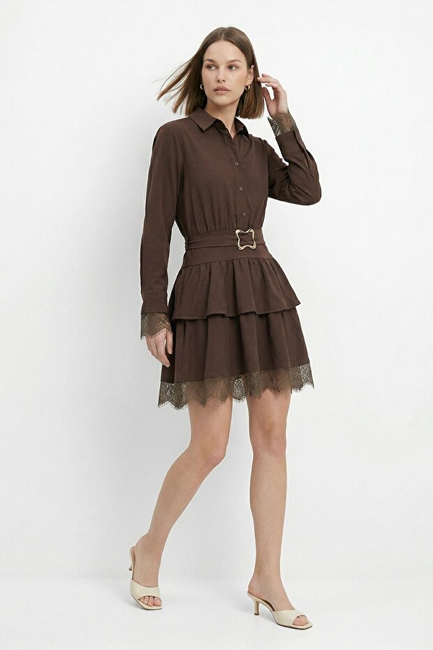 Coffee Buttoned Layered Dress 2817 - 1