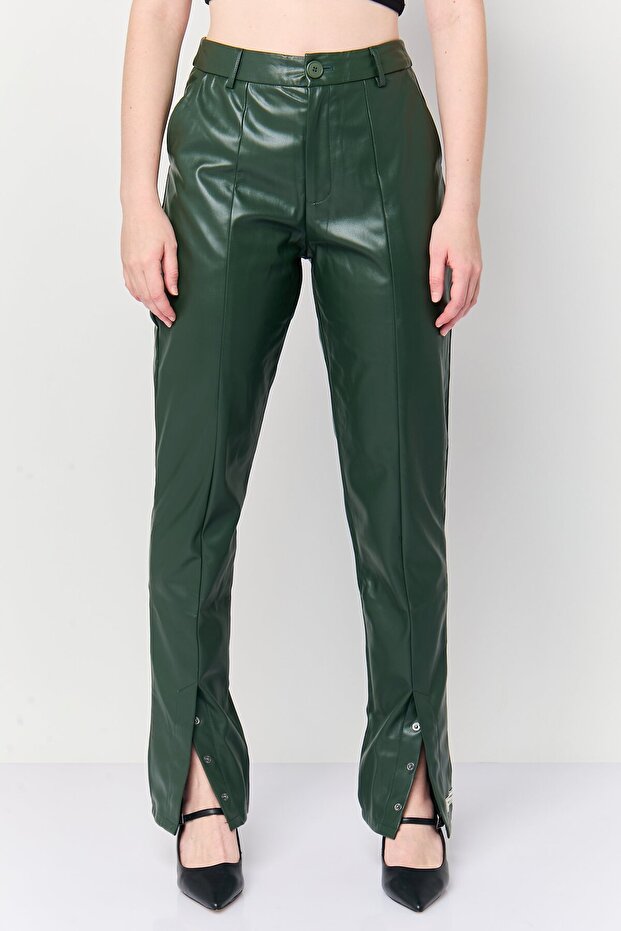 Women Skinny Fit Leather Split Pants, Forest Green