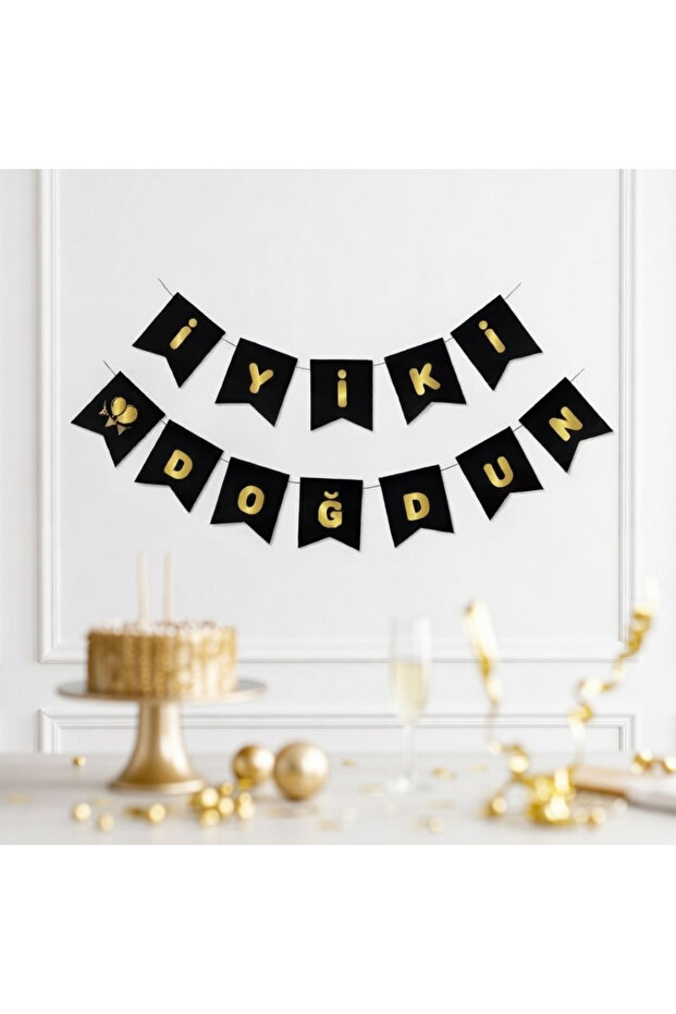 Happy Birthday Banner Black with Gold Lettering Party Decoration