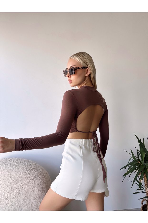 Women's Coffee Color Backless Tie Detailed High Neck Long Sleeve Cropped Blouse