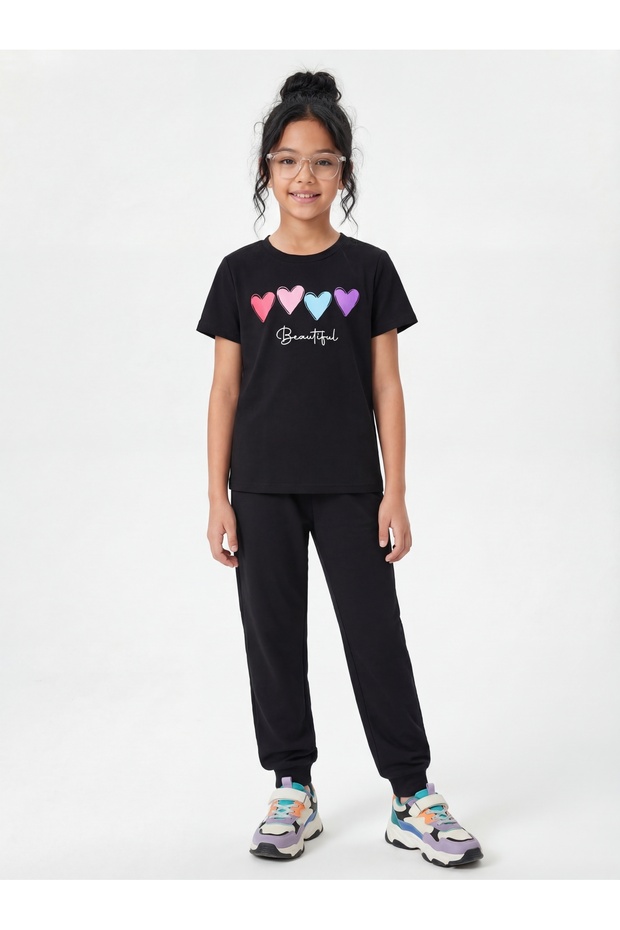 Round Neck T-Shirt Long Sweatpants Print Detailed Girls' Top and Bottom Set