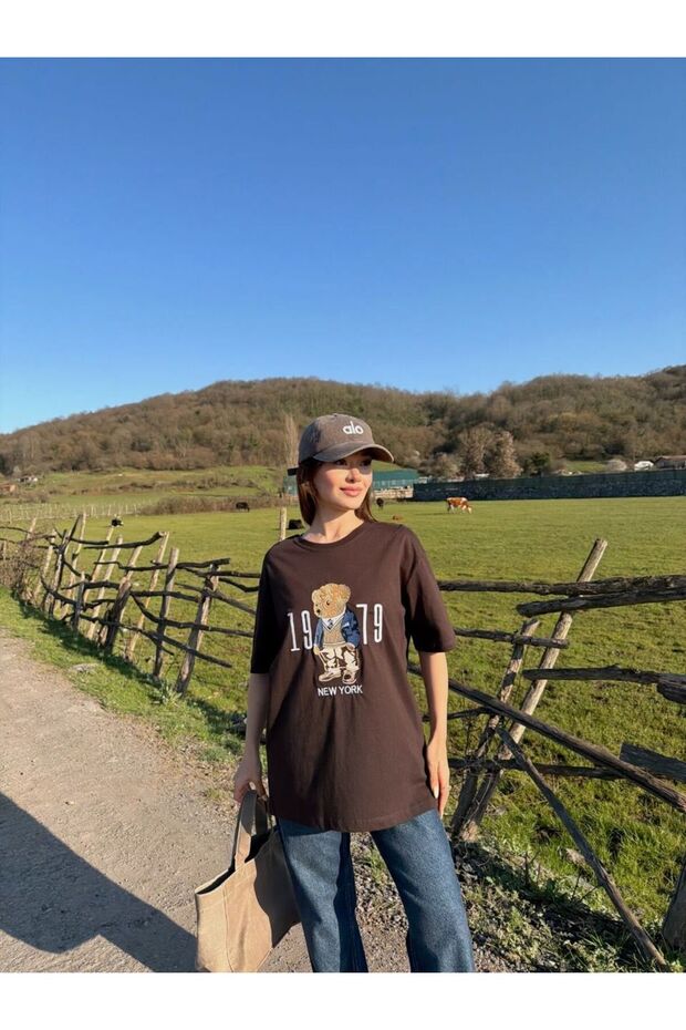 Teddy Bear Embroidered Brown Short Sleeve Oversize Tshirt