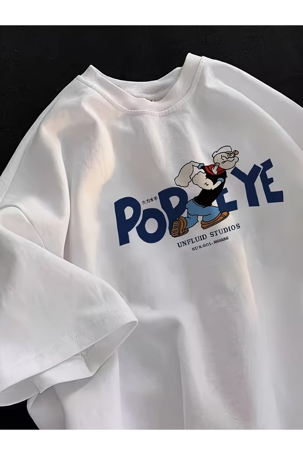 تي شيرت برقبة دائرية كبير الحجم مطبوع عليه Popeye للجنسين