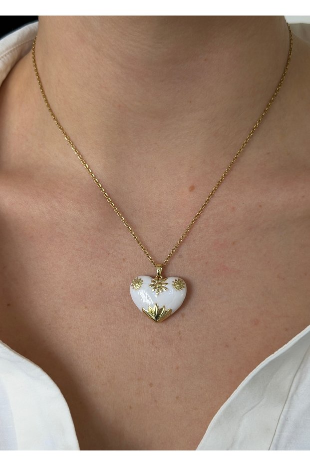 Steel Gold White Enamel Heart Necklace 45 cm (+5 cm Extension)