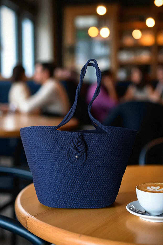 Natural Looking Vegan Beach Bag or Daily Bag with Colorful Self-Tie Straps