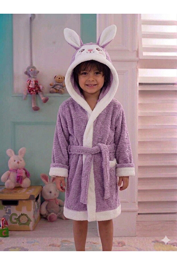 Cute Rabbit Ears Children's Bathrobe in Renga Color - Absorbent Cotton Boucle Towel