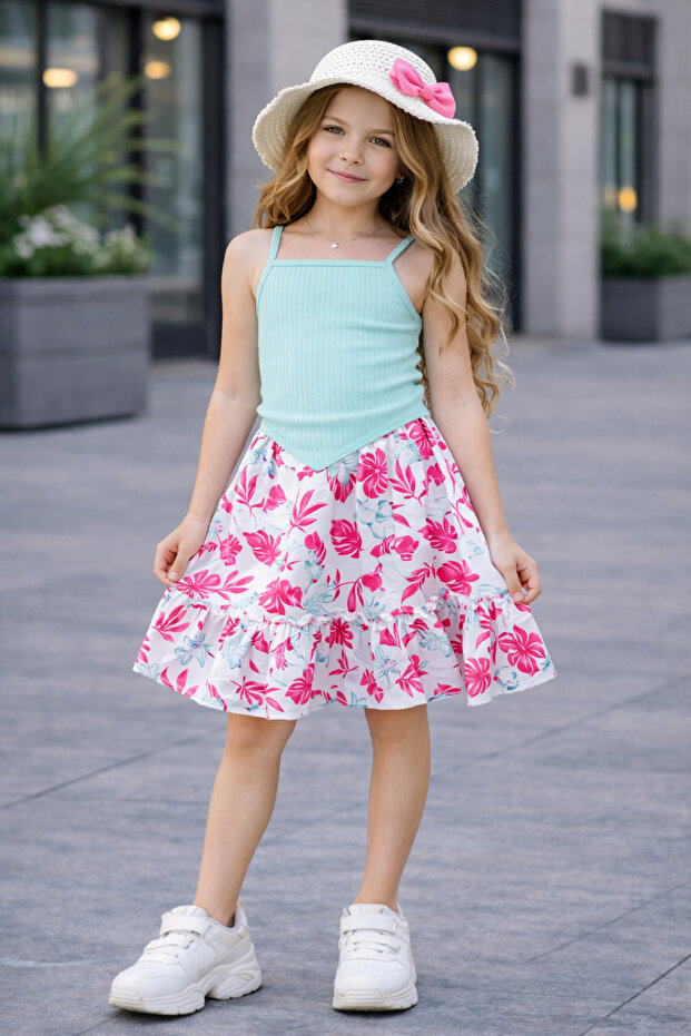 Girl's Floral Patterned Skirt, Suspender Suit and Hat 3-Piece Set - Age 3/12 - 31697