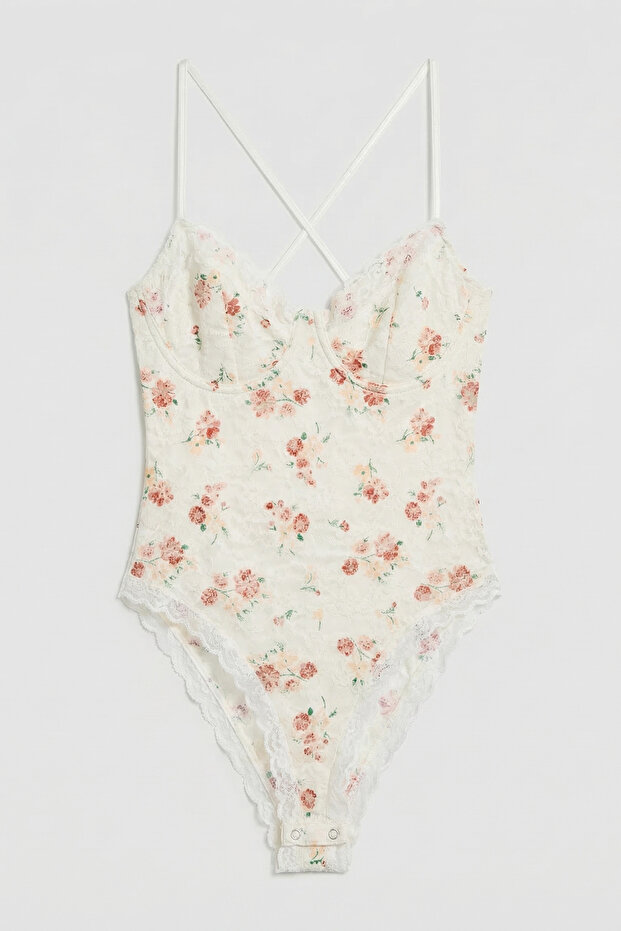 Women's Floral Printed W5 Lace Detailed Strappy Special Design Snap Fastener Bodysuit
