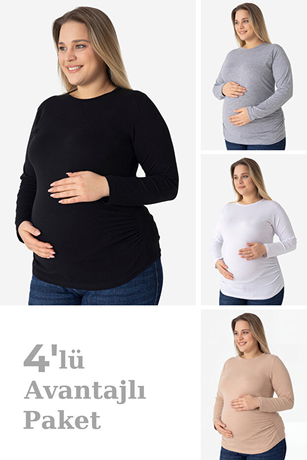 4-Pack Colorful Long Sleeve Maternity T-Shirts Cotton Lycra Soft and Flexible Fabric