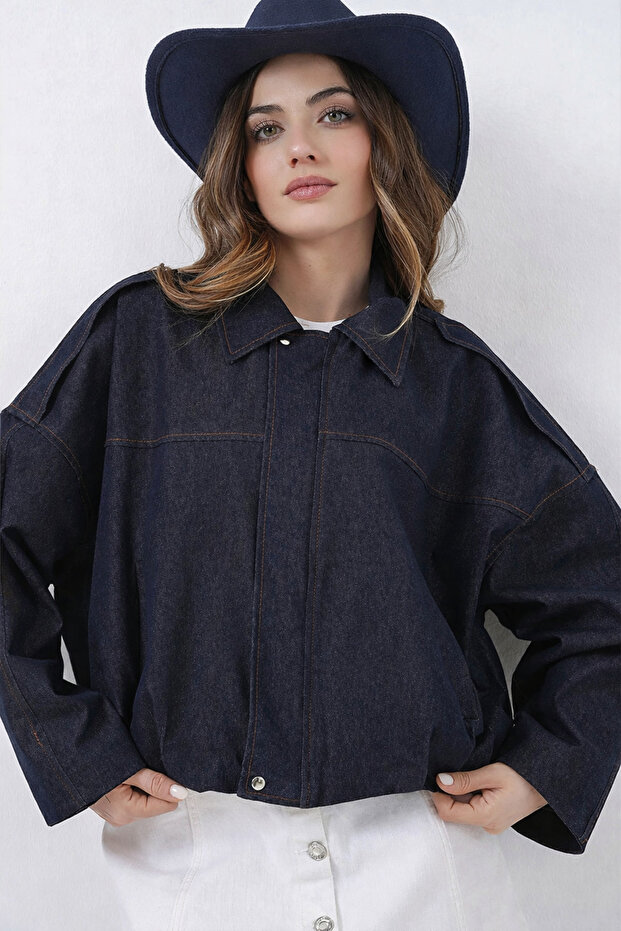Women's Long Sleeve Snap Zipper Closure Jean Bomber Jacket 0737