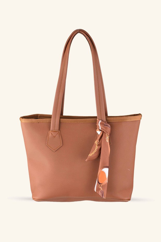 Scarf Detailed Midi Length Hand and Shoulder Bag - Tan