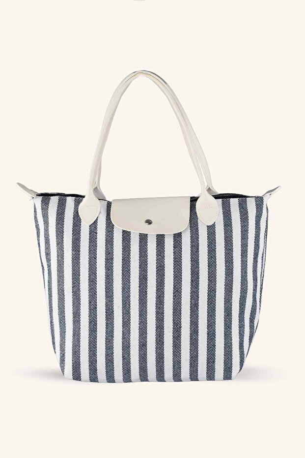 Striped Shopper Bag - Black - White