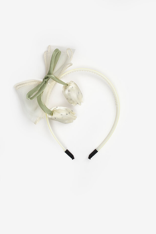 Ecru Tulip Figured Bow Detailed Girl's Crown