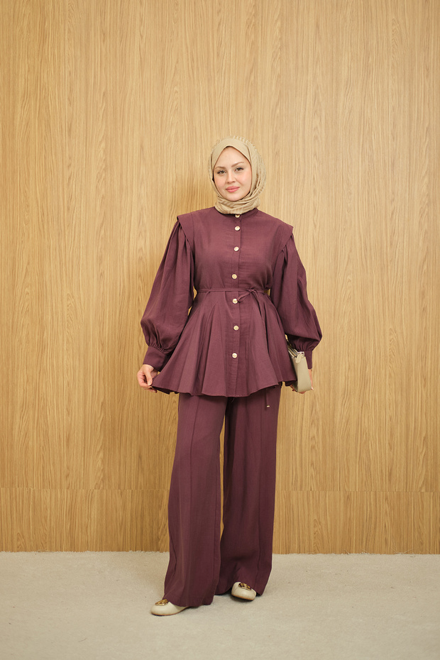 Women's Waist Drawstring Gold Button Detail Trouser Suit Plum