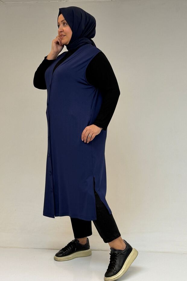 54017 Large Size Covered Buttoned Wear-And-Go Combed Cotton Vest - Indigo