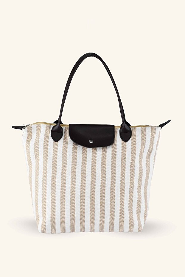 Striped Shopper Bag - Beige - Brown