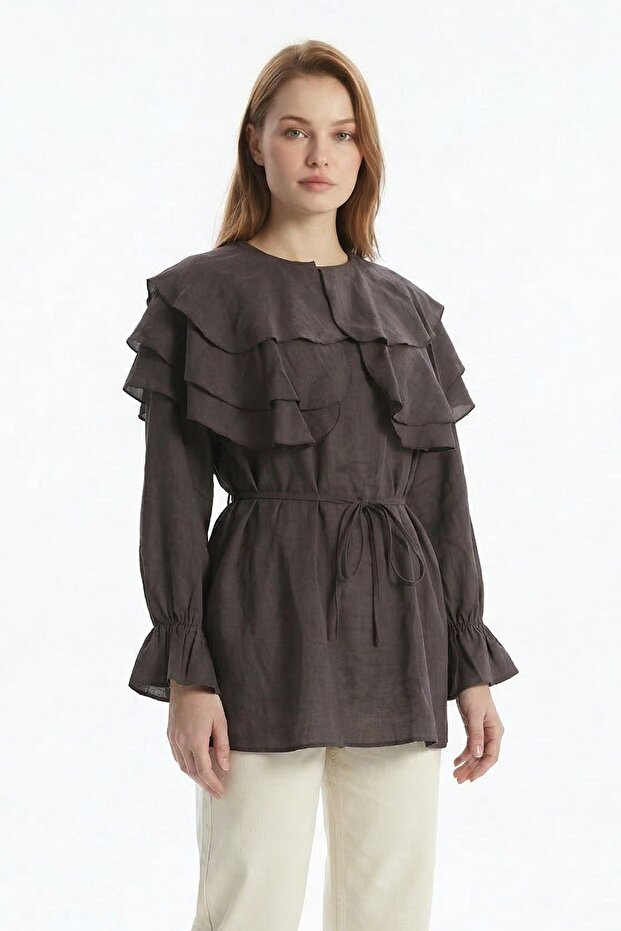 Coffee Drawstring Balloon Sleeve Layered Blouse 0062 - 3