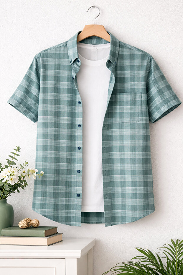 Men's Large Size Green Shirt Short Sleeve Comfortable Fit Summer Cotton with Pockets