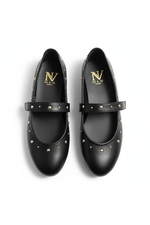 Black Leather Pin Detailed Round Toe Women's Casual Ballerinas