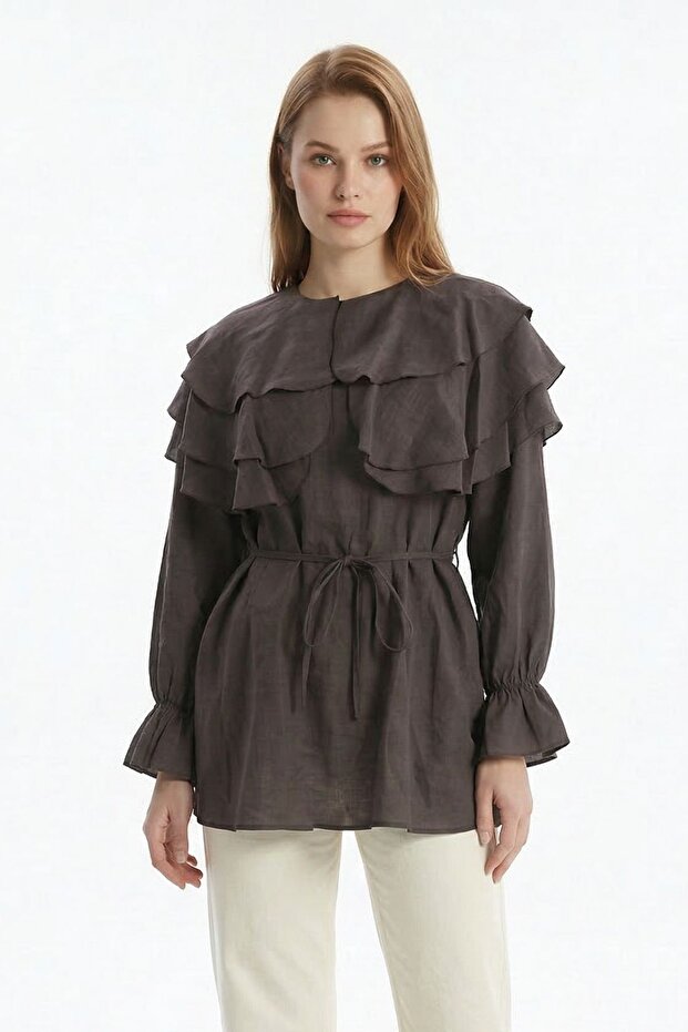 Coffee Drawstring Balloon Sleeve Layered Blouse 0062 - 2