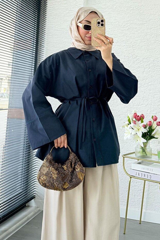 Premium Guipure Piping Poplin Shirt Tunic - Navy Blue