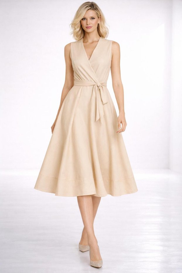 Midi Length Double-Breasted Stylish Event Dress with Belt Cou-95