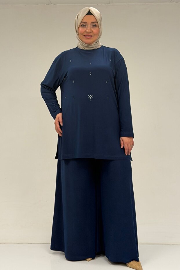 67030 طقم بنطلون ساندي بمقاس كبير مع فتحات جانبية - لون نيلي