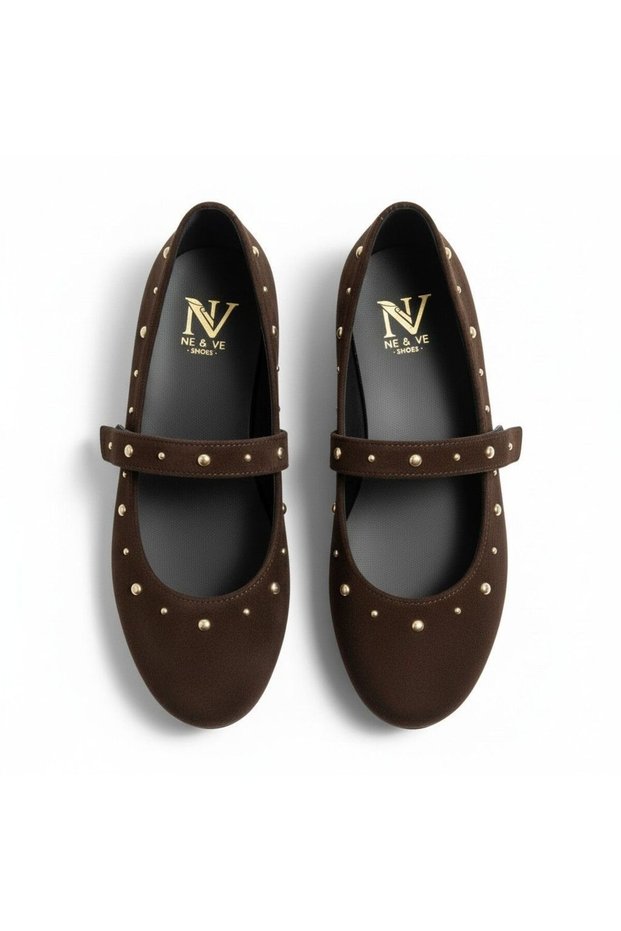 Brown Suede Pin Detailed Round Toe Women's Daily Ballerinas