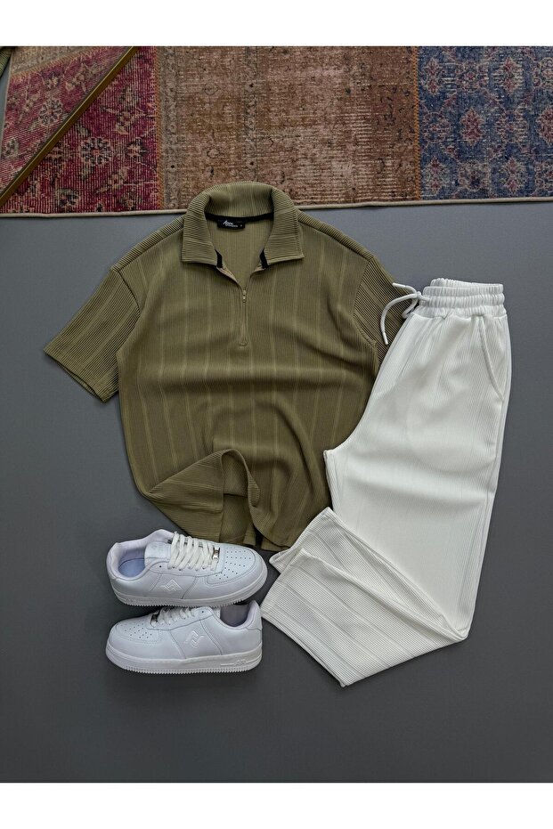 Raporlu Ottoman Brown Half-Zip Tshirt - White Pants Set