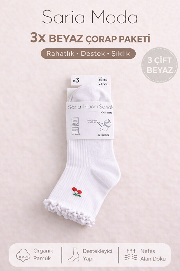 3 Pairs of White Cherry Detailed Ruffled Derby Cotton College Socks