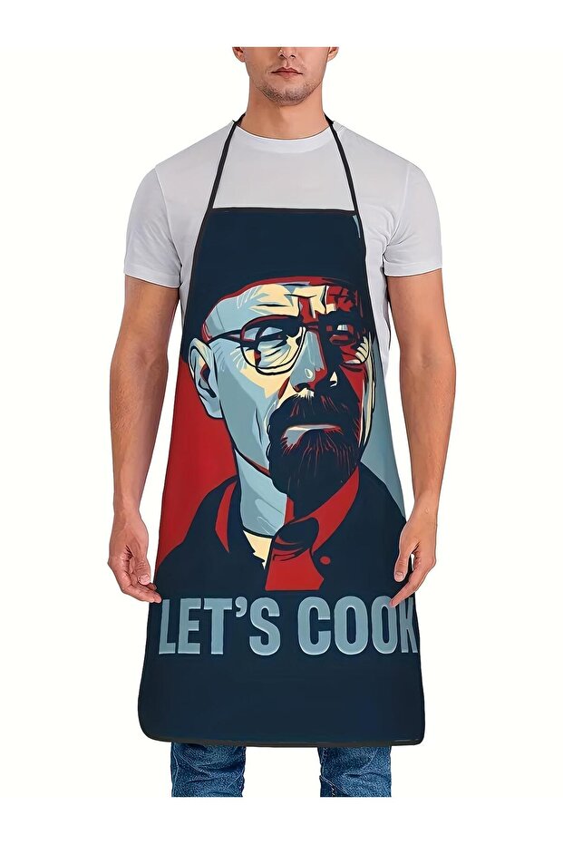 مريلة مطبخ مضحكة مطبوعة من Let's Cook للجنسين مع حزام قابل للتعديل باللون الأبيض