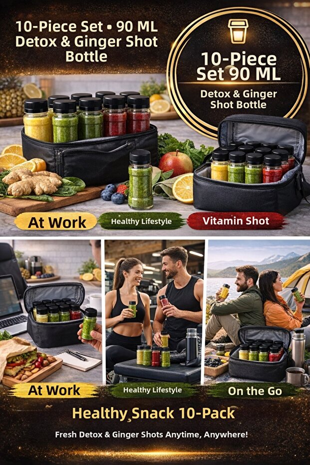 10-Pack Black Cap Detox Ginger Vitamin Shot Bottle I Plastic Health Bottle with Locking Cap 90 ml