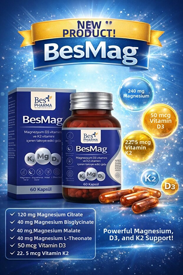 Besmag D3K2 Magnesium-Containing Supplementing Food 60 Capsules