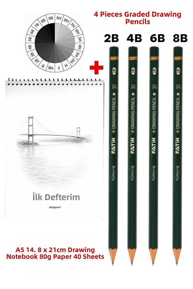 My First Sketch Set 2B 4B 6B 8B 4Pcs Graded Drawing Pencils and A5 Notebook