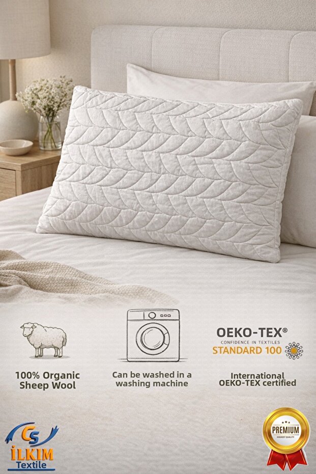 Wool Filled Quilted Pillow Mattress, 100% Organic Cotton Fabric (50X70 cm)