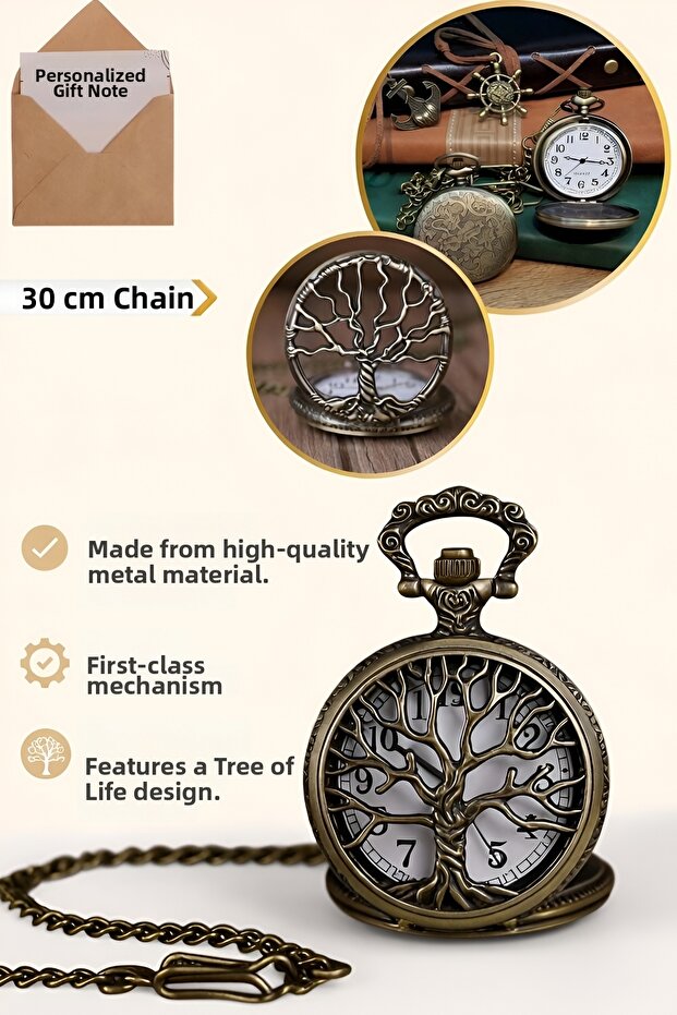 Special Edition Tree of Life Themed Pocket Watch with Chain Nostalgic Gift Bronze Metal Design Watch with Chain