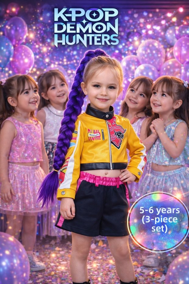 Demon Slayers K-Pop Demon Hunters Rumi Cosplay Costume Set Jacket Shorts Purple Braided Hair 3 Pieces - 5-6