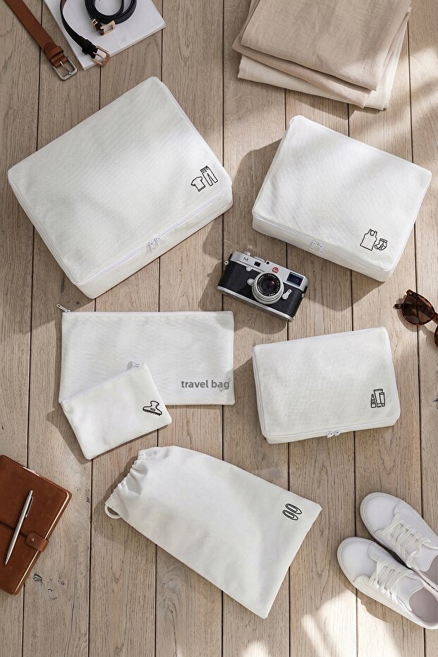 6-Piece White Luggage Organizer Set, In-Suitcase Organizer Set, Travel Bag