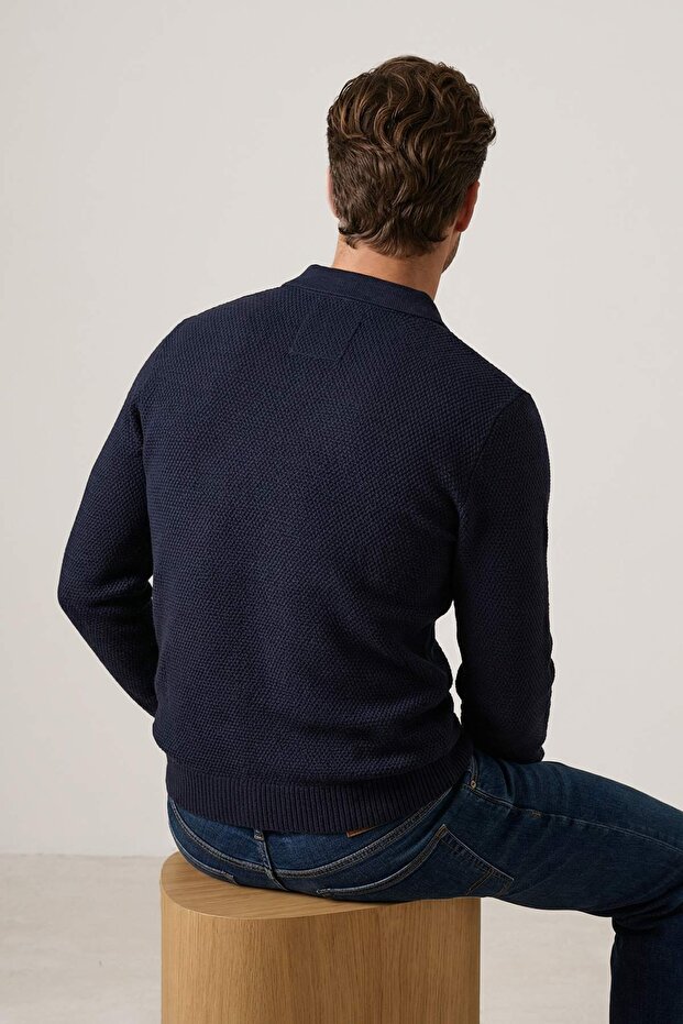 Lacivert Regular Polo Yaka Düğmeli Düz Kazak TMNAW26KZ00010 - 3