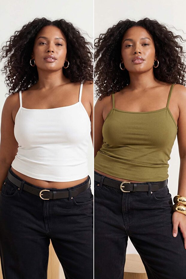 Beyaz-Yeşil 2'li Paket Askılı Crop Fitted Esnek Örme Atlet TBBSS26CV00002 - 1